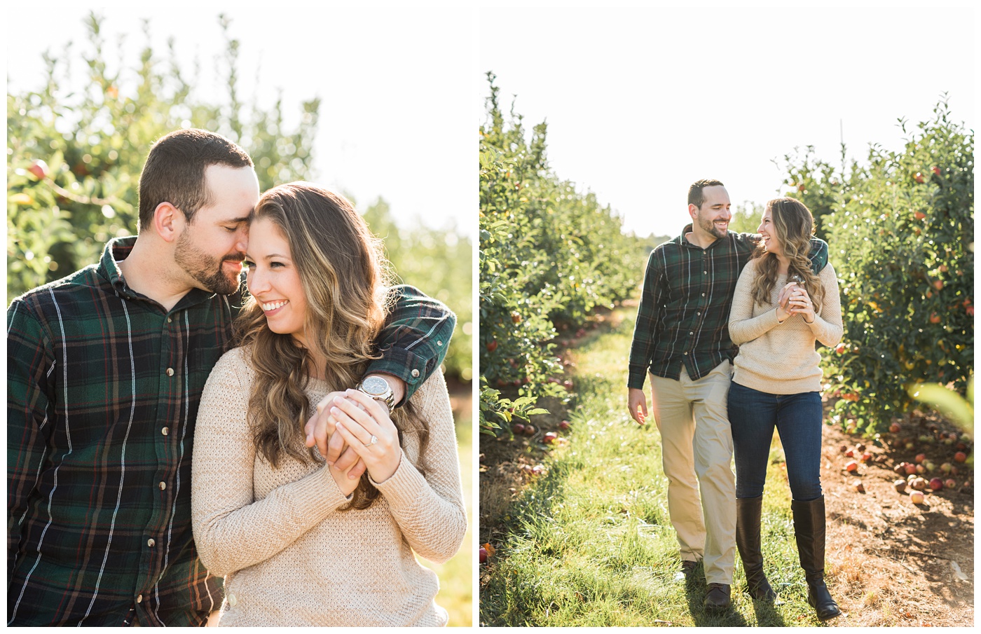 newly engaged couple apple picking with their dog 