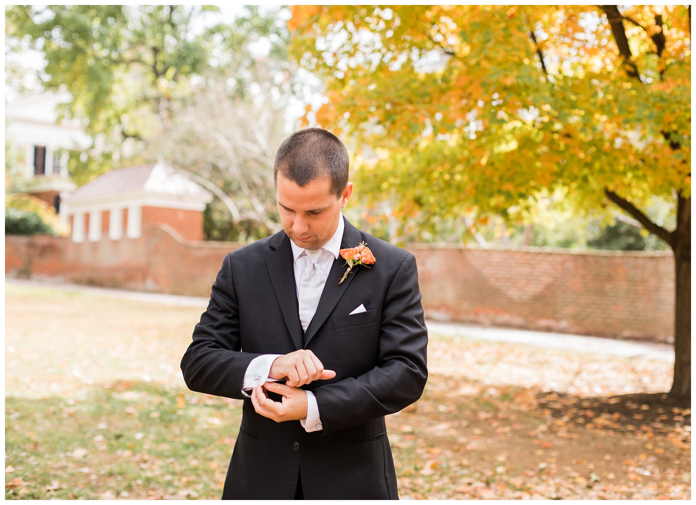 Charlottesville groom getting ready before his wedding at the UVA chapel