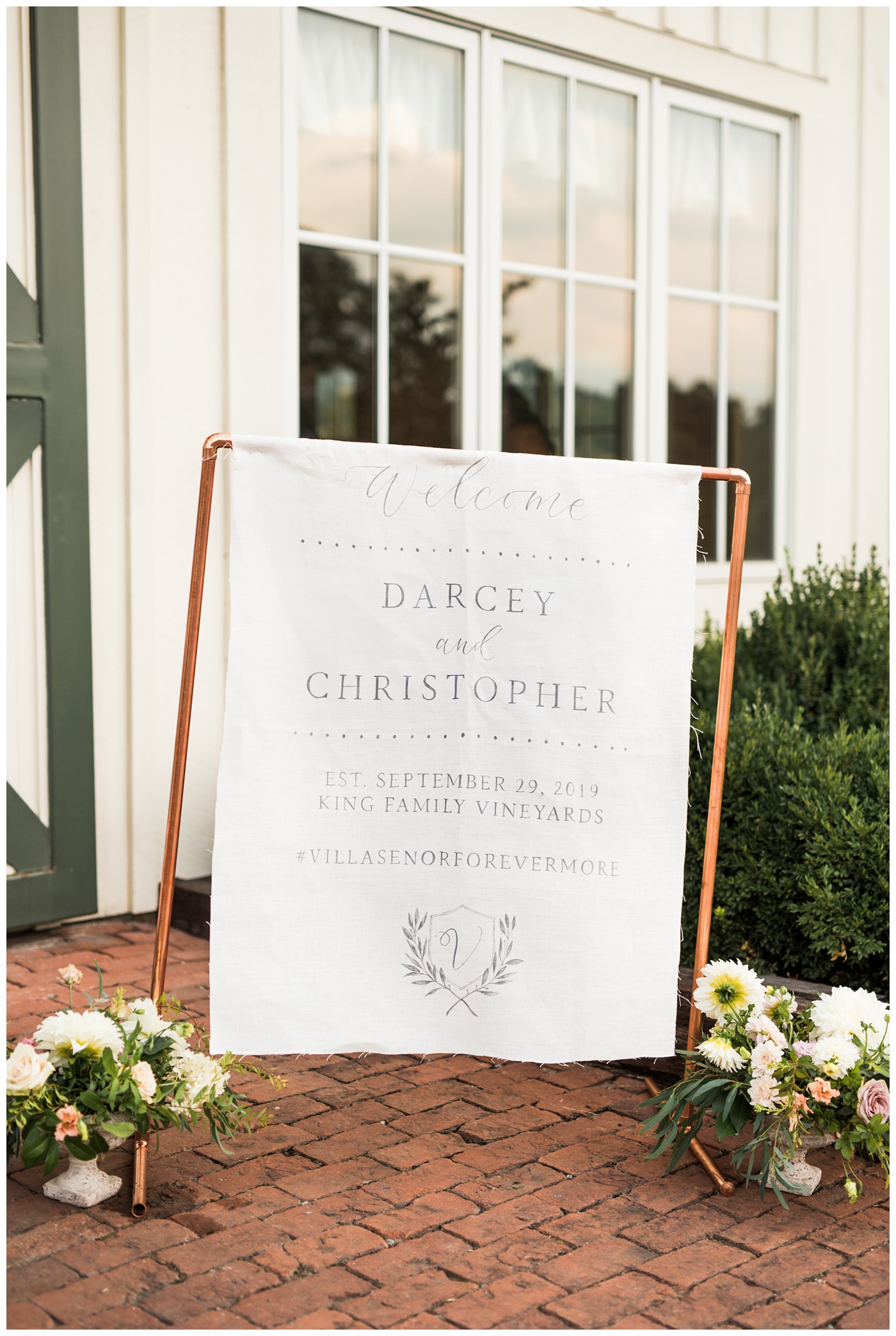 Welcome sign for wedding day at King Family Vineyard in Charlottesville VA