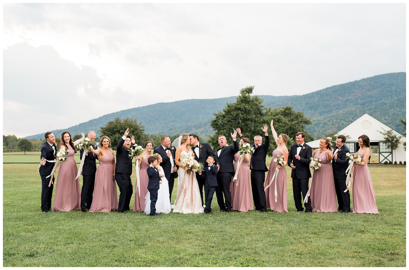 Bridal Party walking near the mountains in Virginia