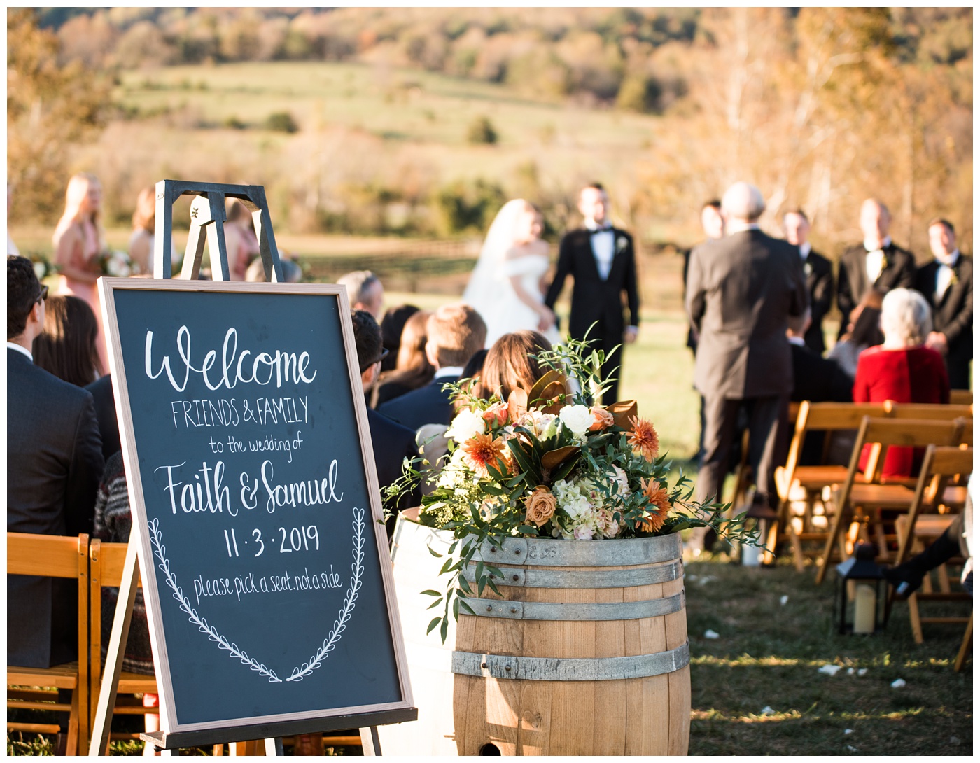 Wedding Ceremony with colorful Fall leaves and Virginia mountain backdrop
