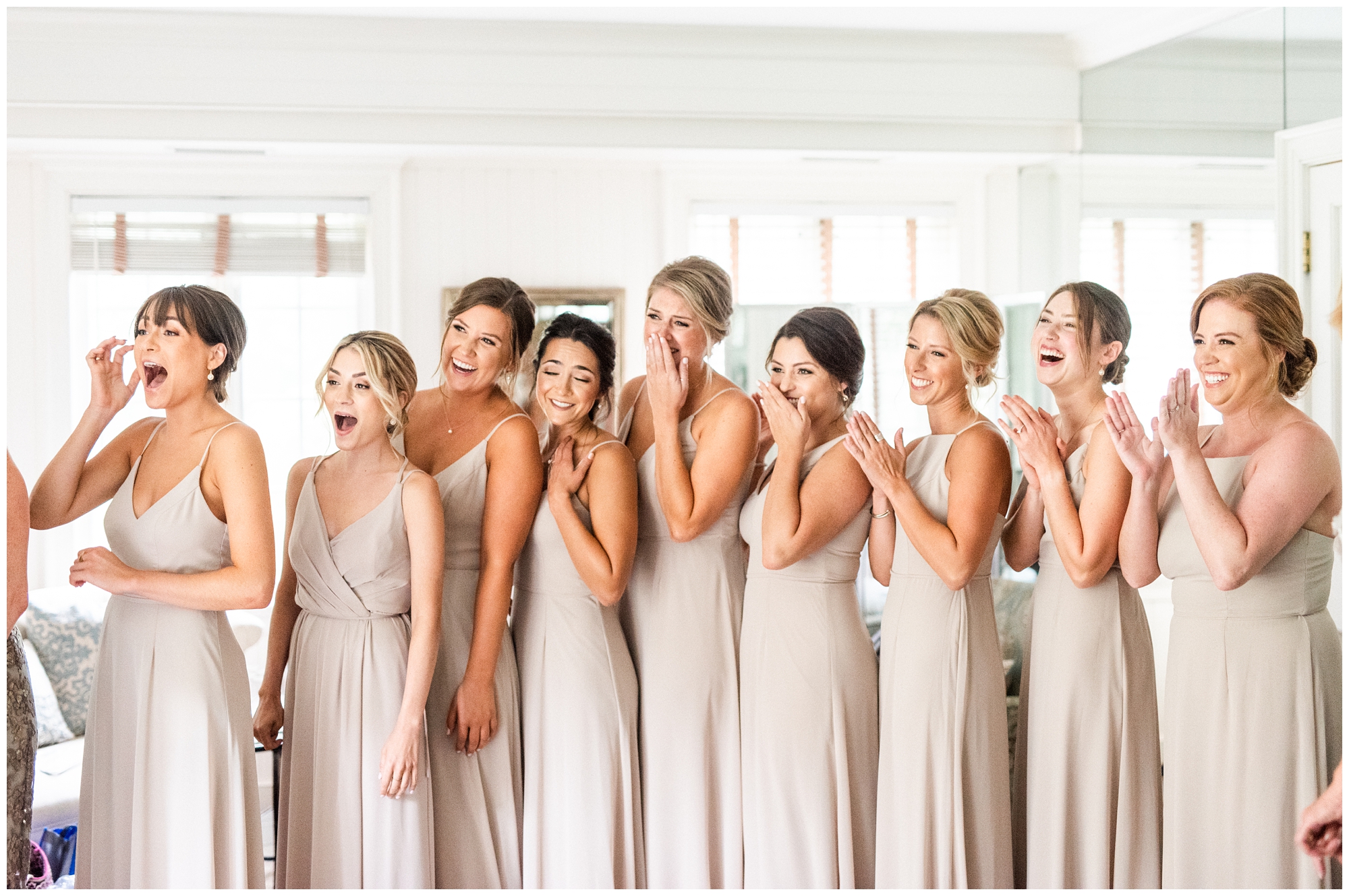 Bridesmaids shocked seeing the bride for the first time