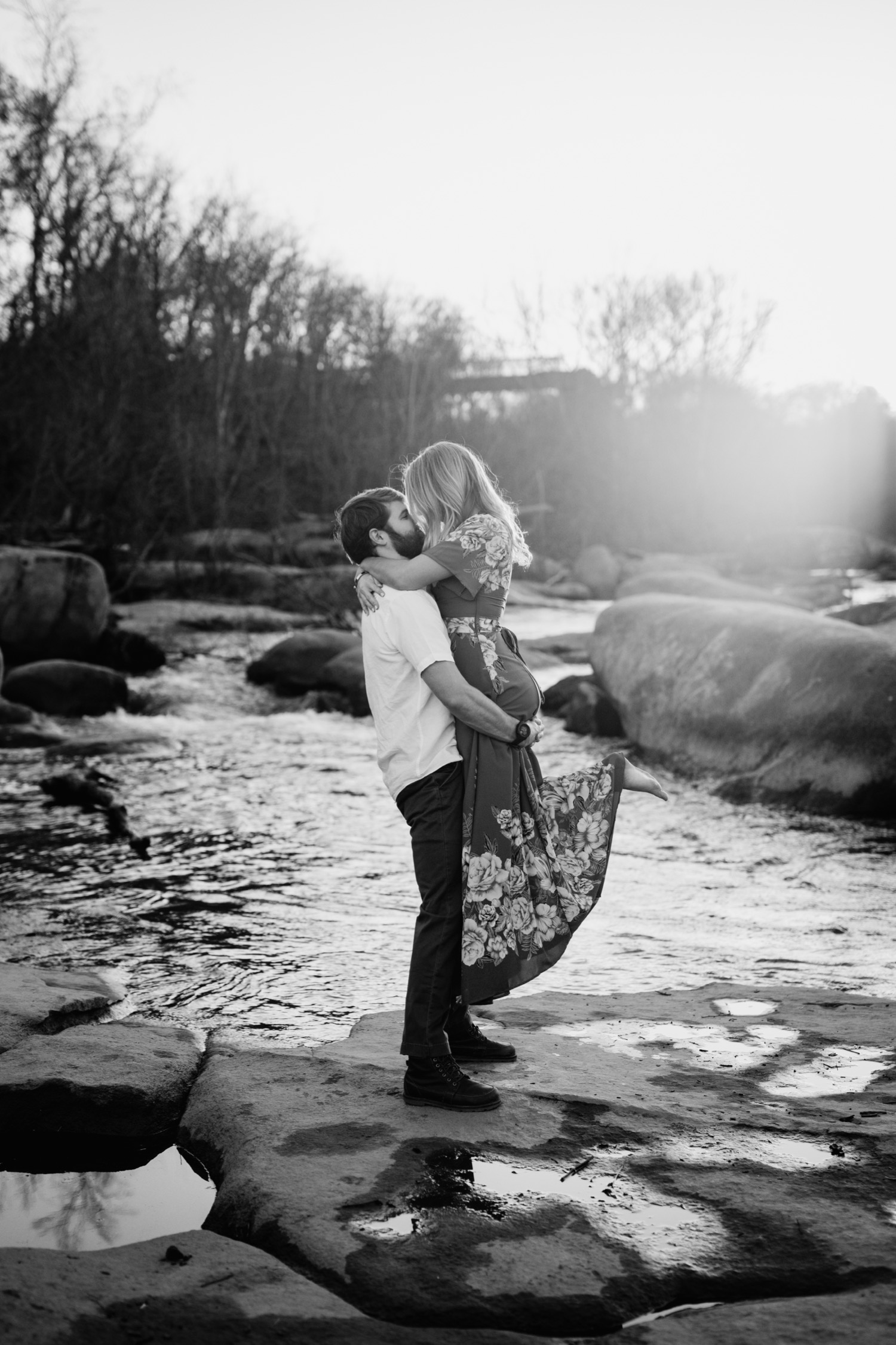 couple showcase love during engagement photoshoot in Belle Isle