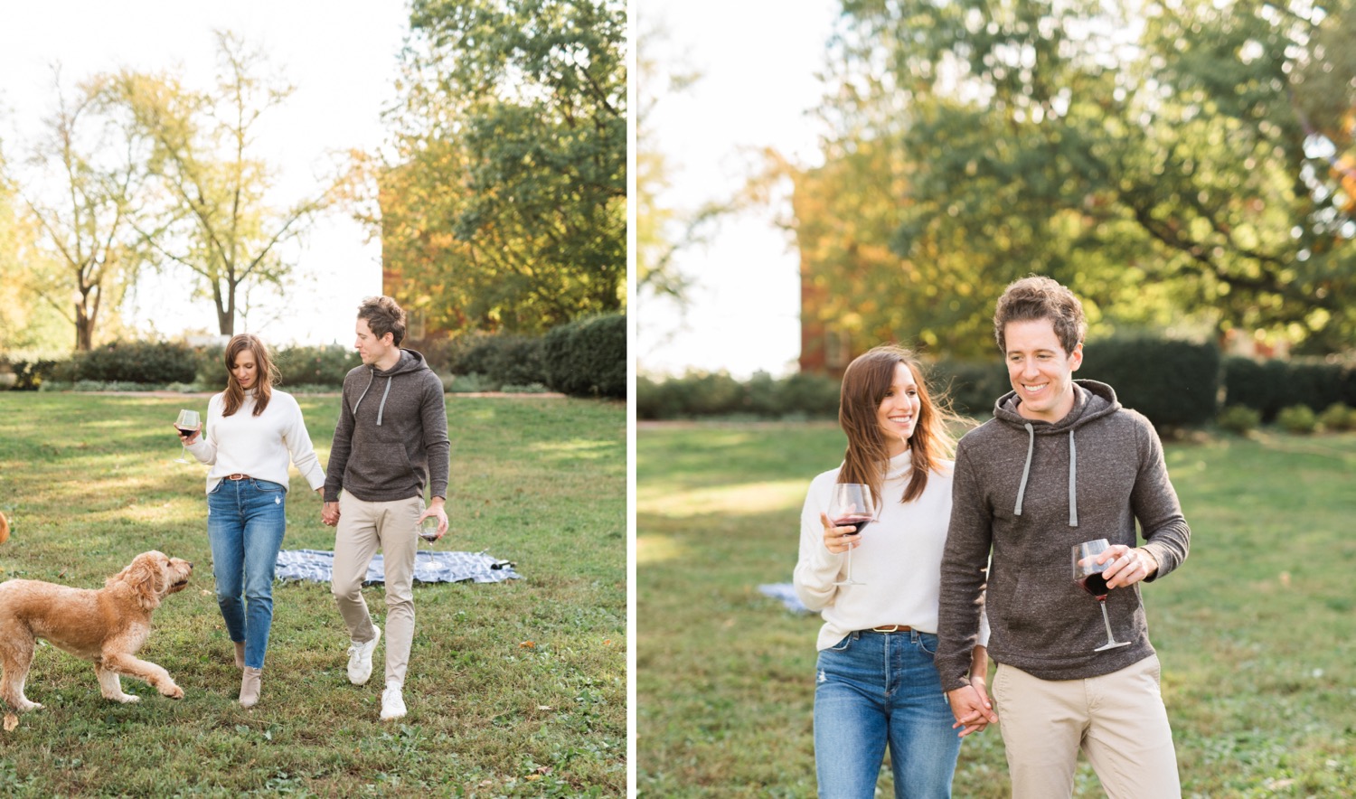 bride and groom to be enjoy a walk during engagement photoshoot in Northern Virginia