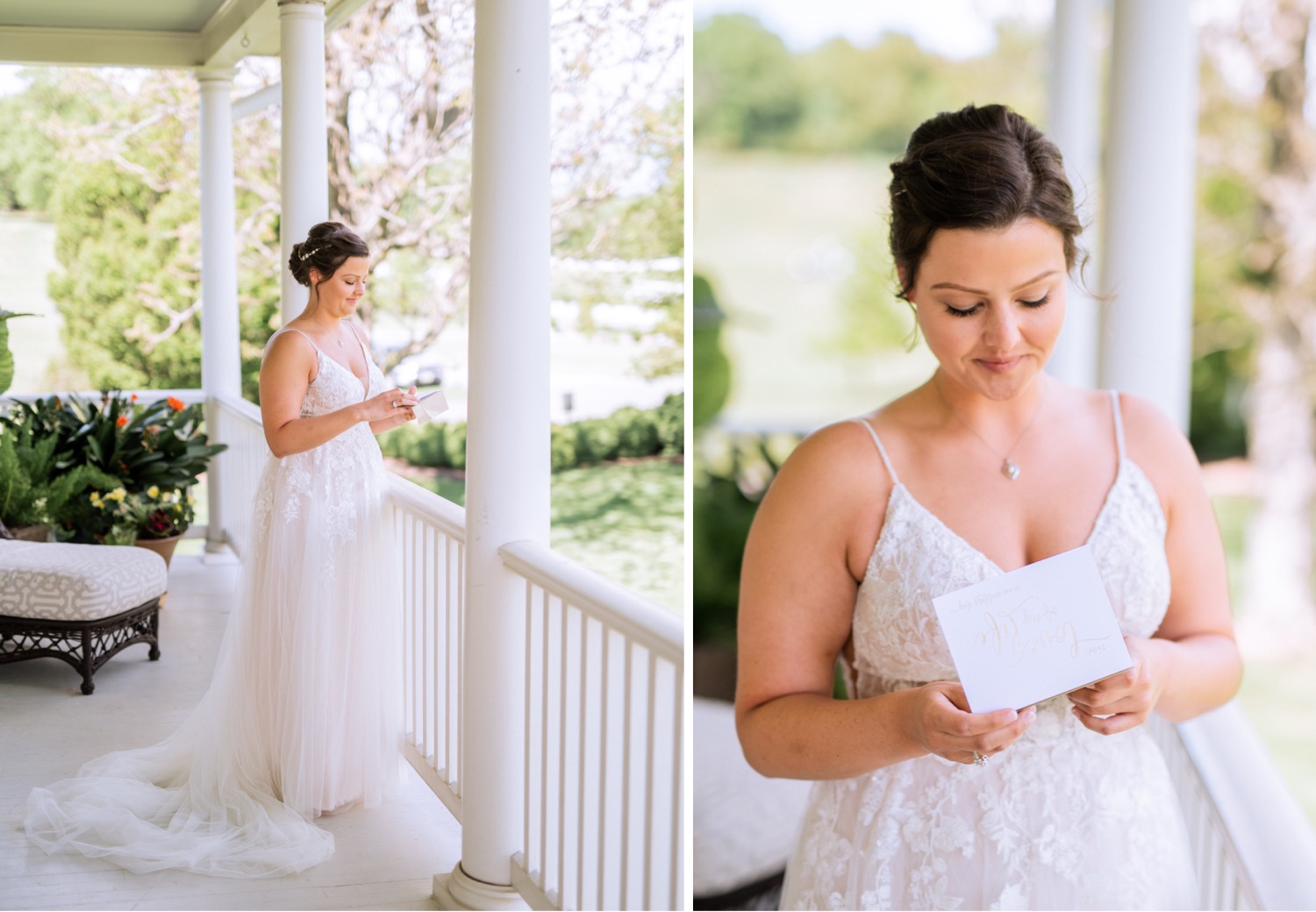bride reads card from groom before Glen Ellen Farm wedding