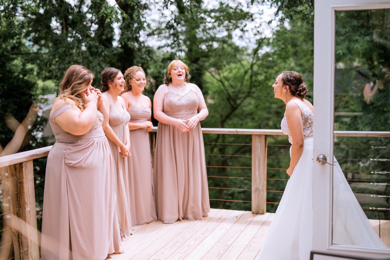 Bride with her bridesmaids before her wedding ceremony at James Monroe's Highland in Charlottesville, VA
