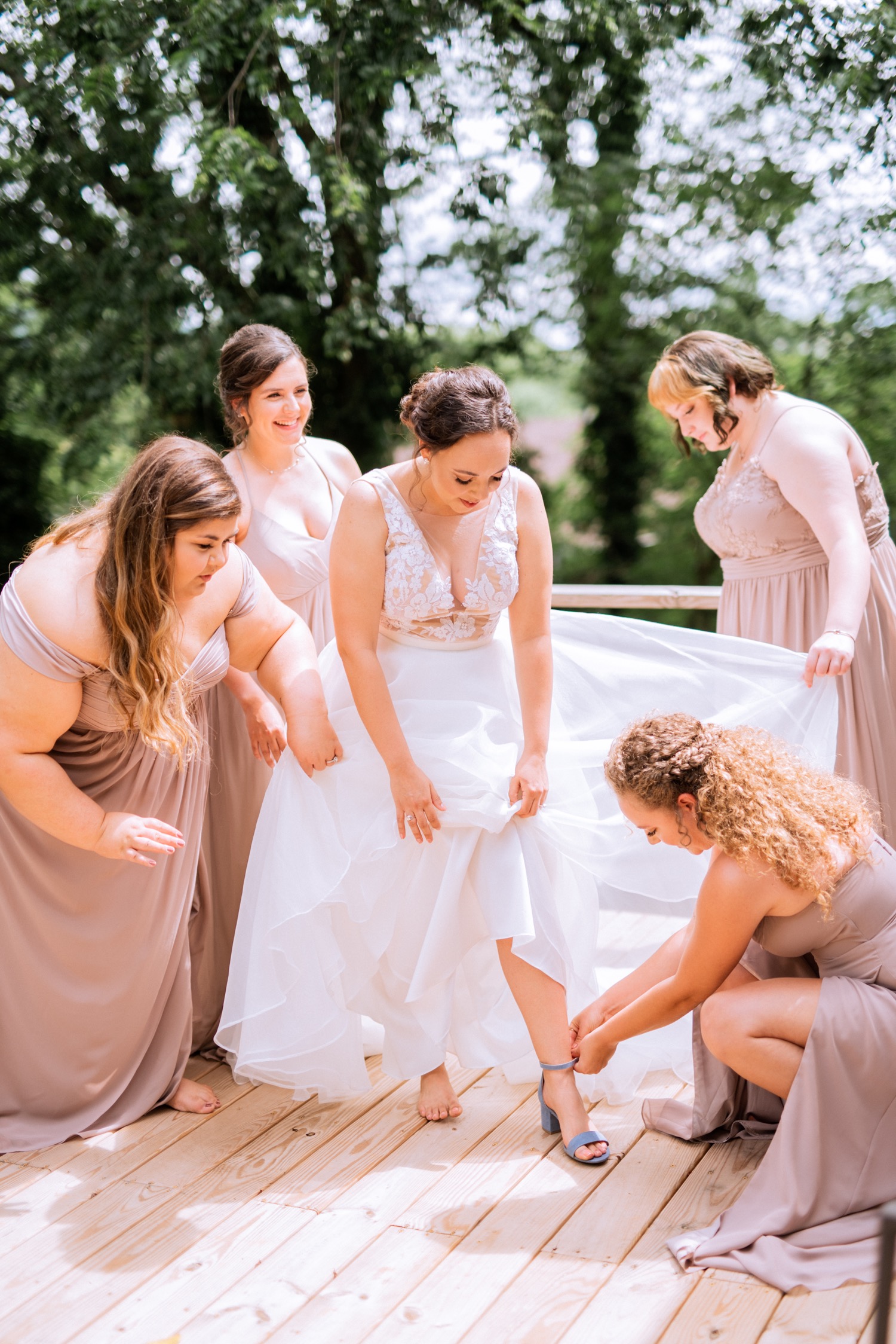 Bride with her bridesmaids before her wedding ceremony at James Monroe's Highland in Charlottesville, VA