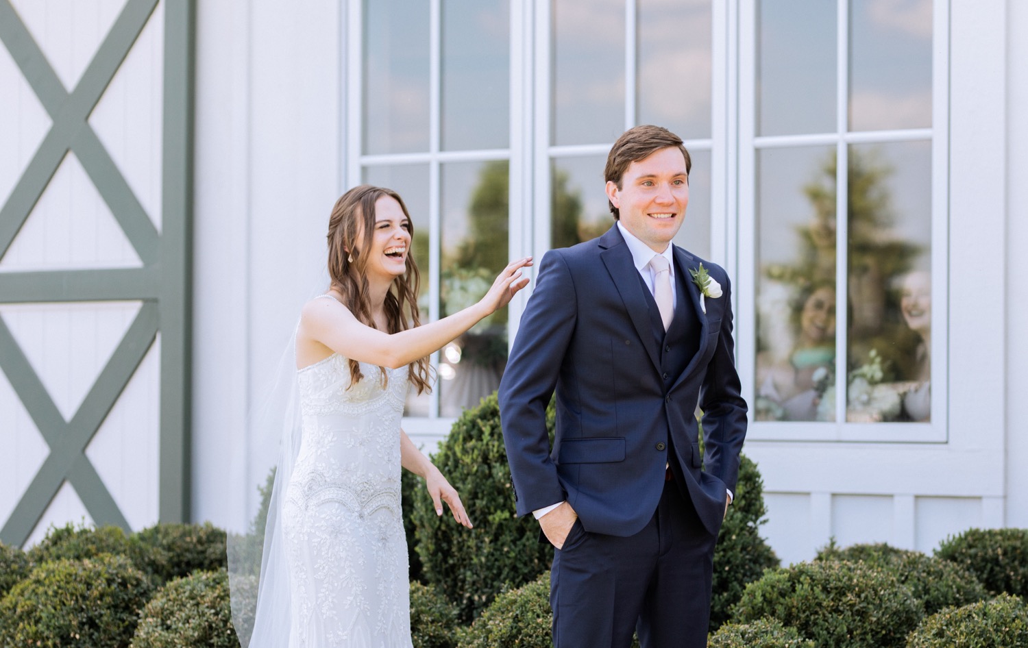 First look between bride and groom before wedding ceremony in Charlottesville, VA