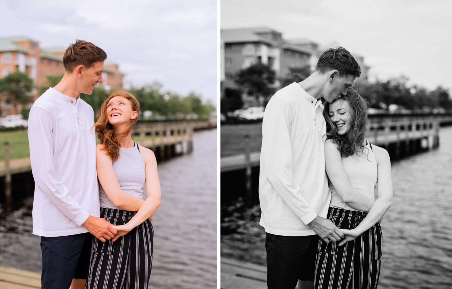 engaged couple hold each other close on waterfront during engagement shoot in the freeman historic district in norfolk virginia