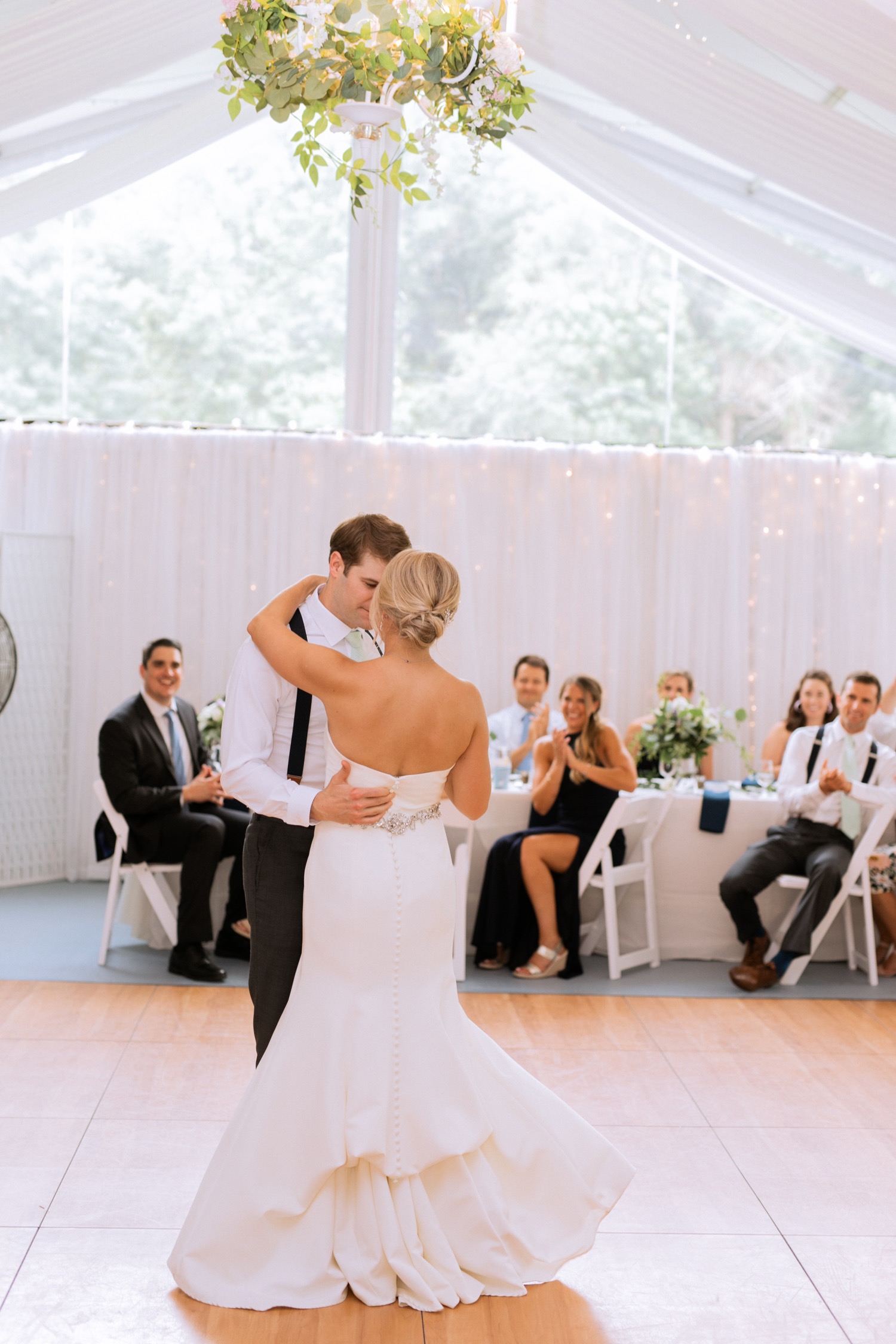 Bride and groom sharing their first dance during wedding reception at Amber Grove in Richmond, Virginia