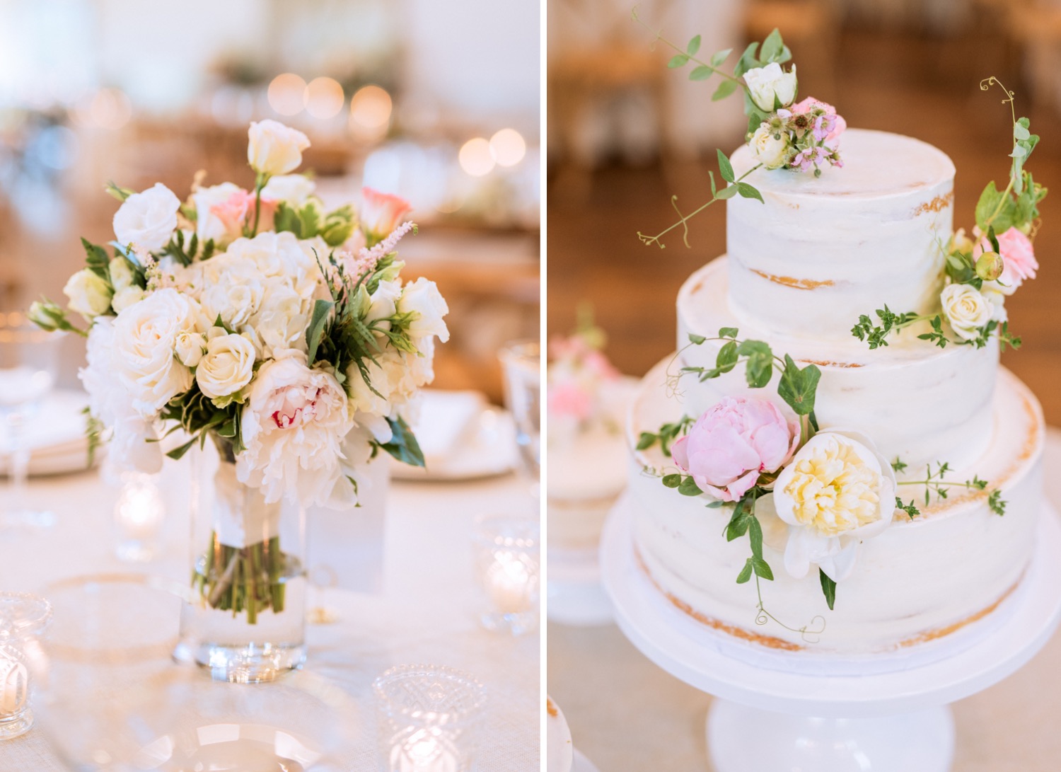 Wedding details, set up, and florals and cake during wedding reception at King Family Vineyards in Charlottesville, VA