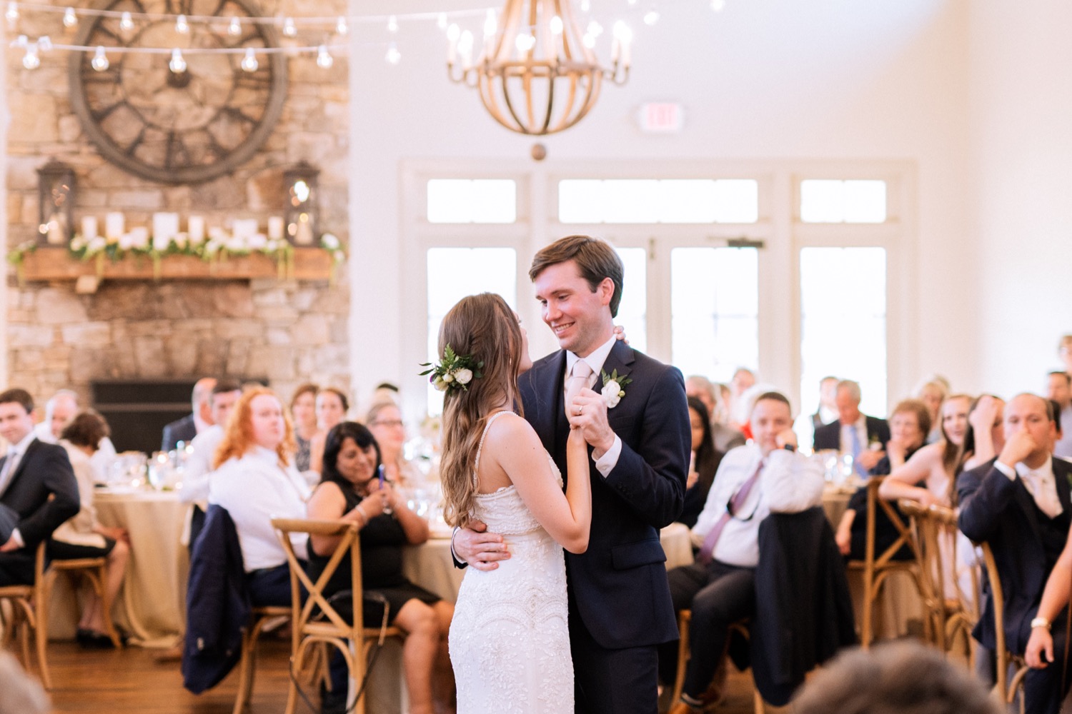 Bride and groom share first dance during their wedding reception in Charlottesville, VA