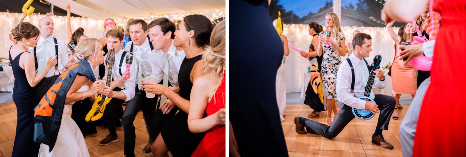Bride and groom dancing with friends during their wedding reception at Amber Grove in Richmond, Virginia