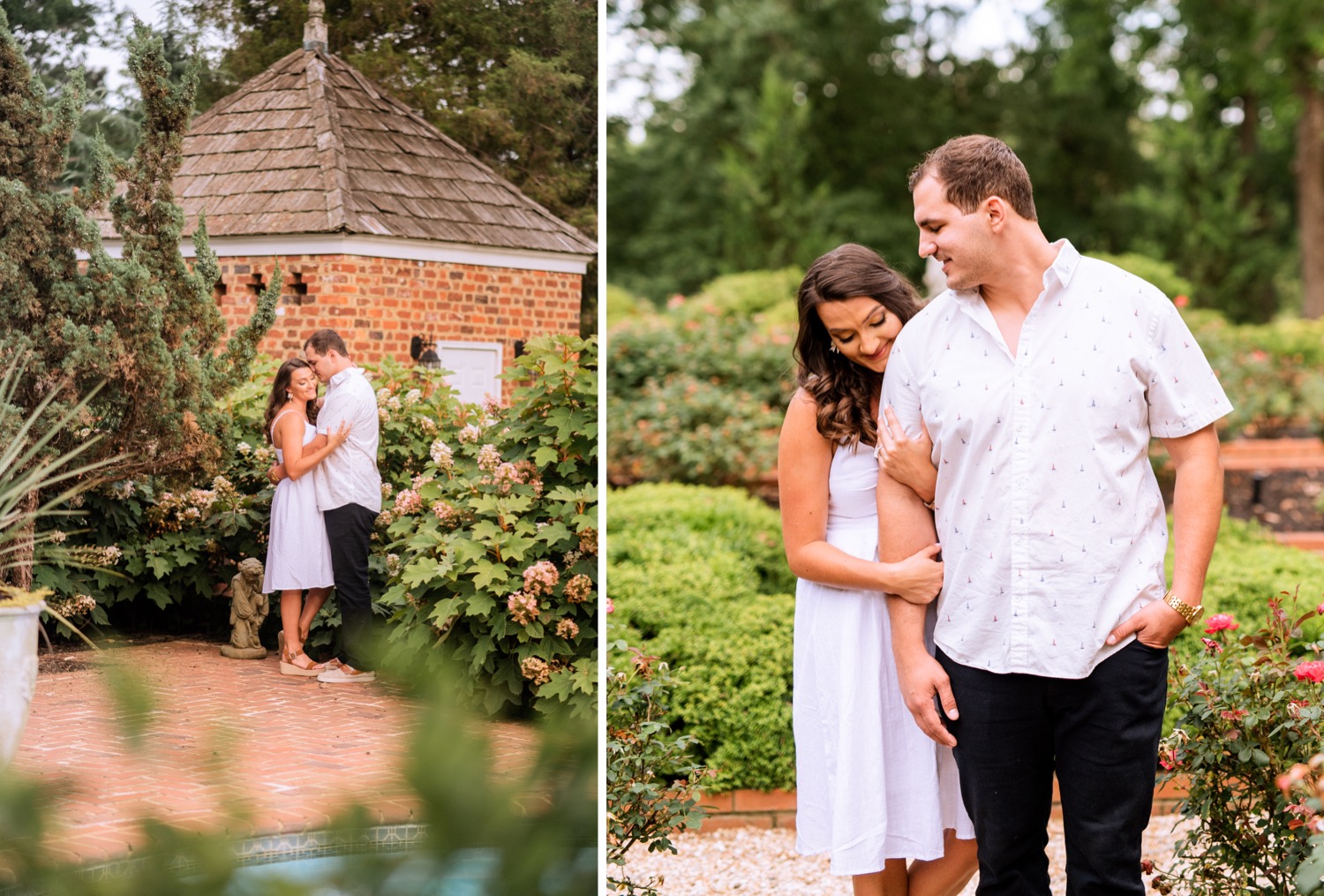 engaged couple looks into each others eyes in a secluded garden at the cumberland estate in richmond virginia
