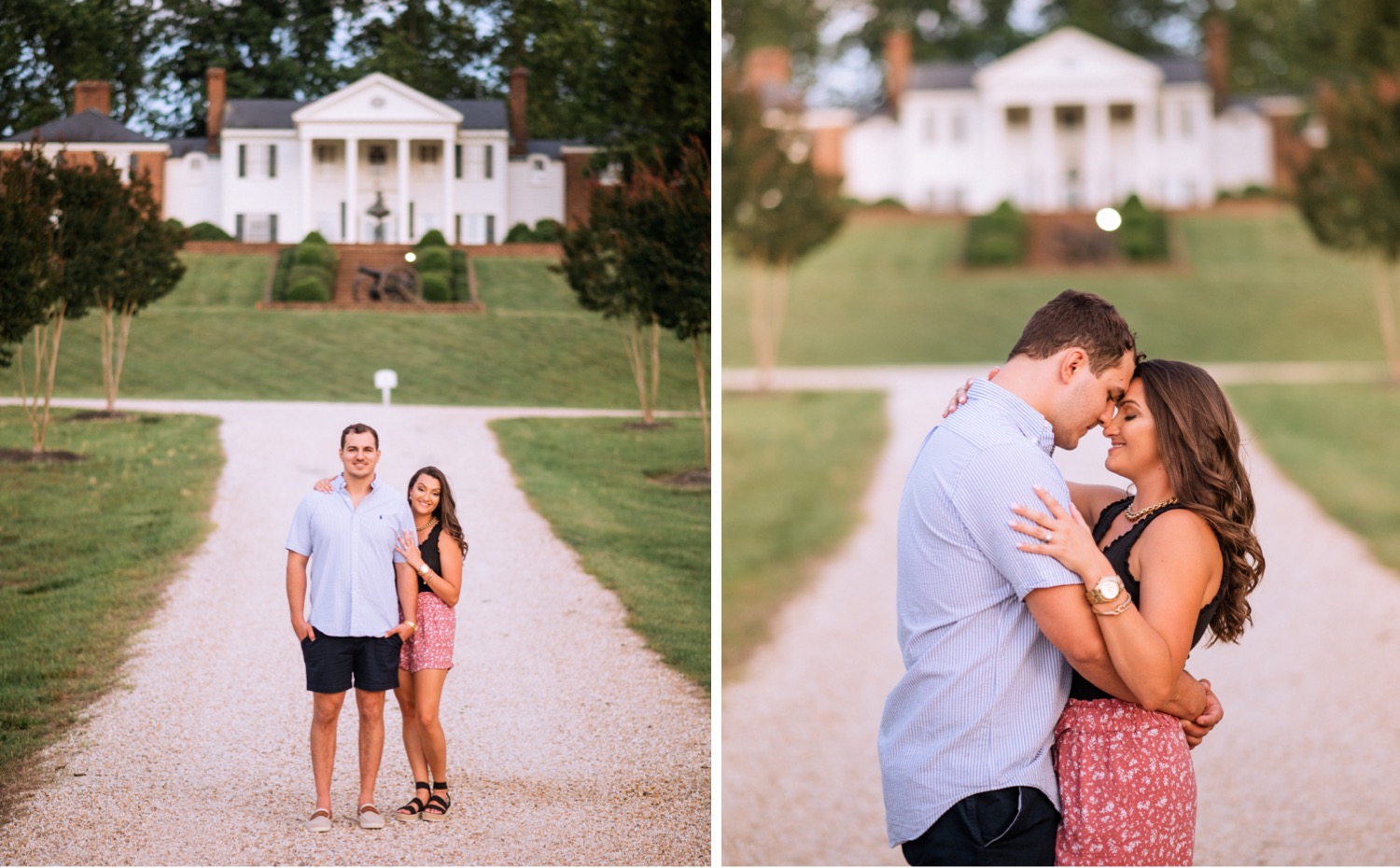 engaged couple holding each other close on driveway that leads up to the cumberland estate in richmond virginia
