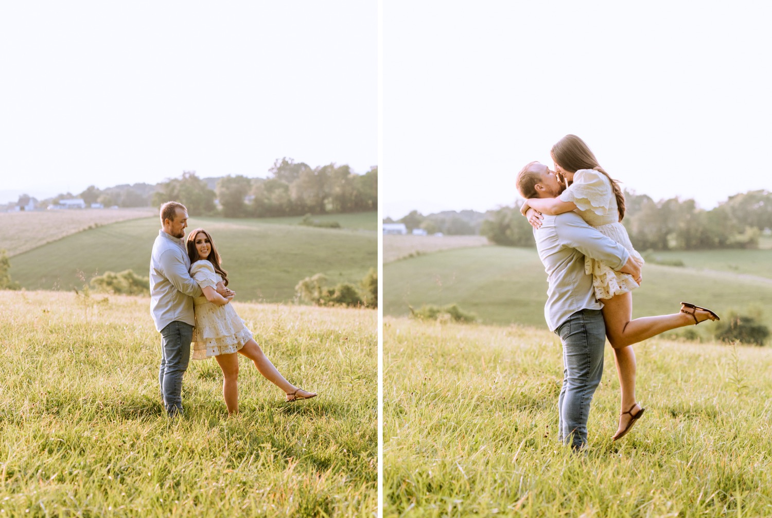 engaged couple holding each other close in the rolling hills and cow filled pastures of Madison Virginia