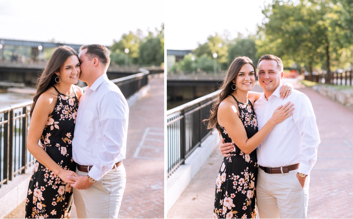 engaged couple in long dress and white button down with khakis standing along the waterfront in browns island