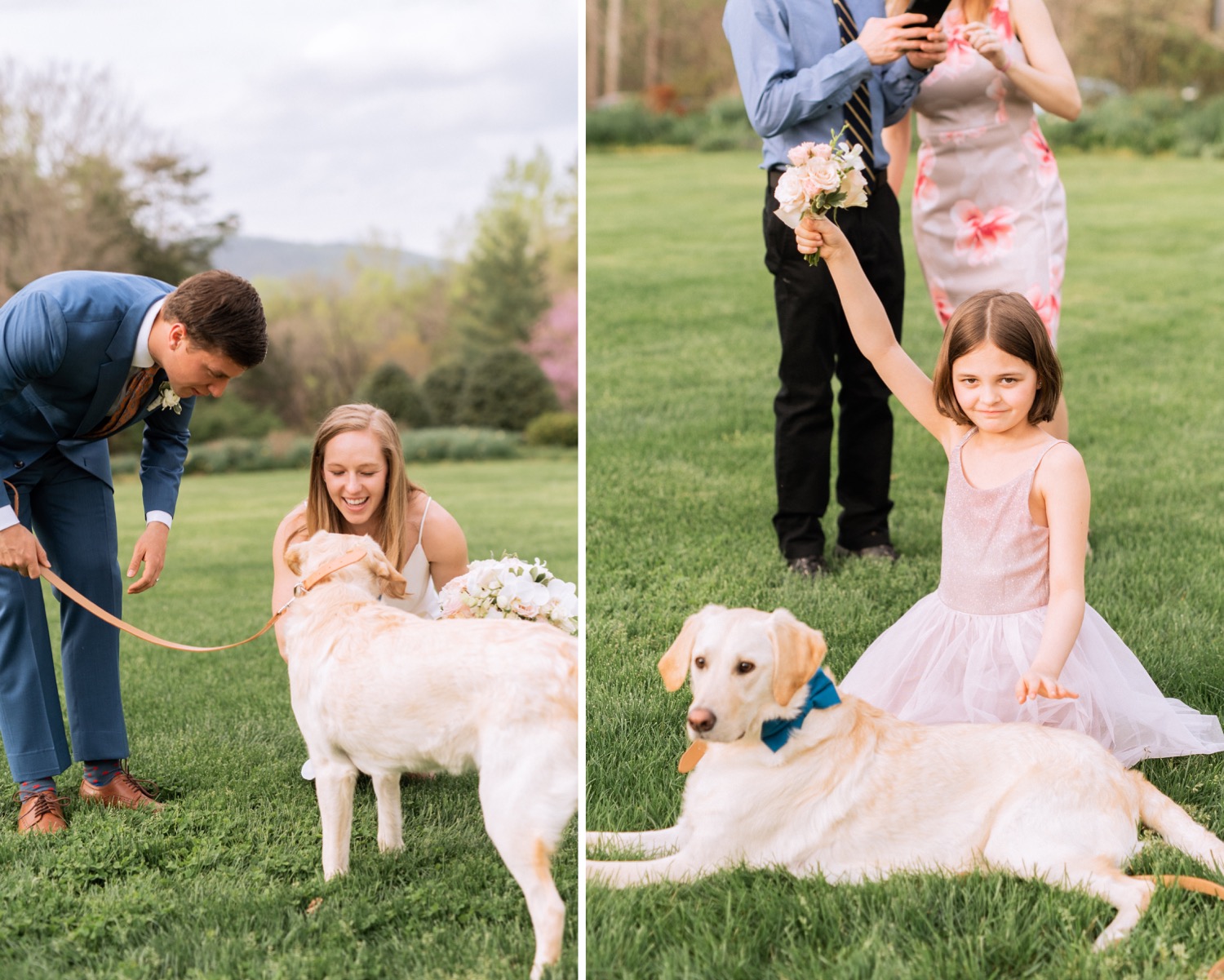 bride groom and flowergirl celebrate their wedding day with the family dog