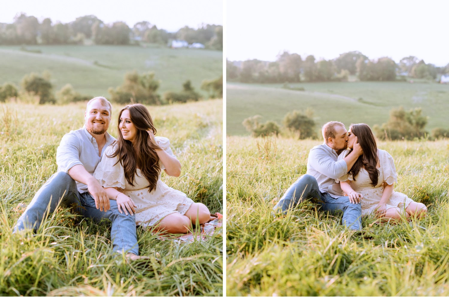 engaged couple sitting on the ground with the rolling hills and cow filled pastures of Madison Virginia