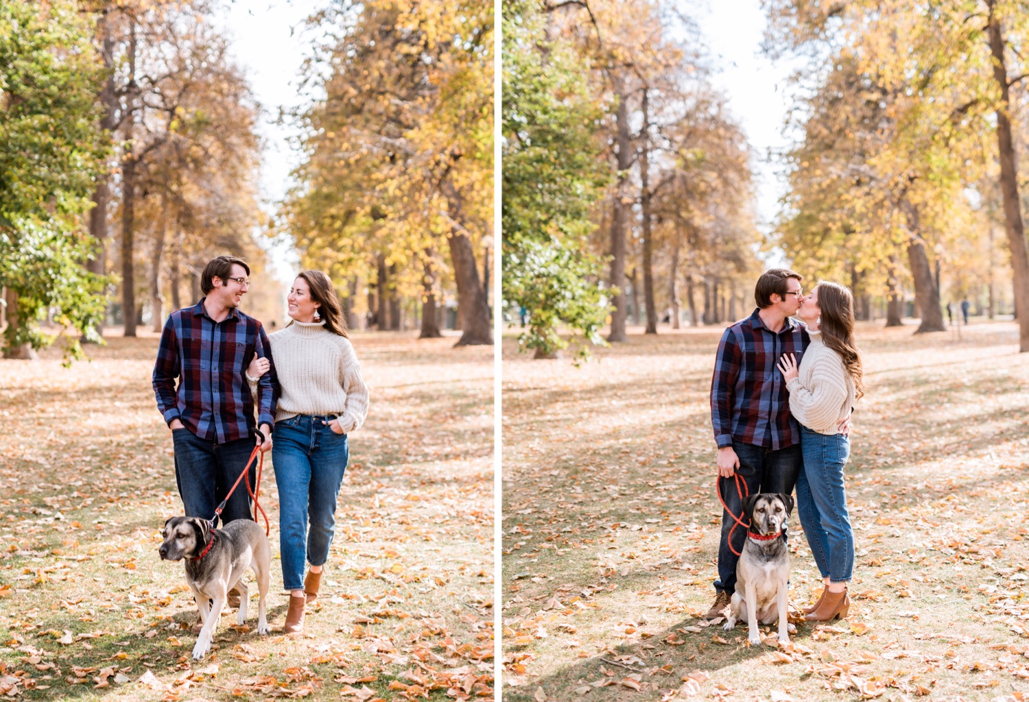 engaged couple posing together while dog sits at their feet