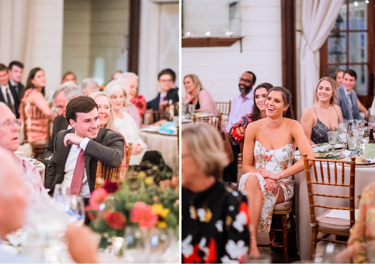 bride and grooms reactions to the emotional speeches being given during their rehearsal dinner in charlottesville, va