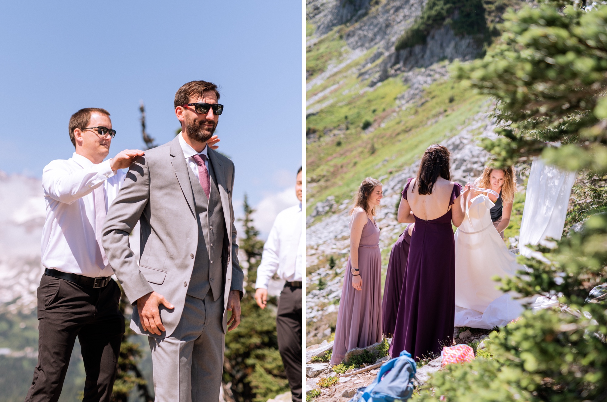 side by side shot of the bride and groom finishing getting ready for their elopement ceremony on top of mt rainier