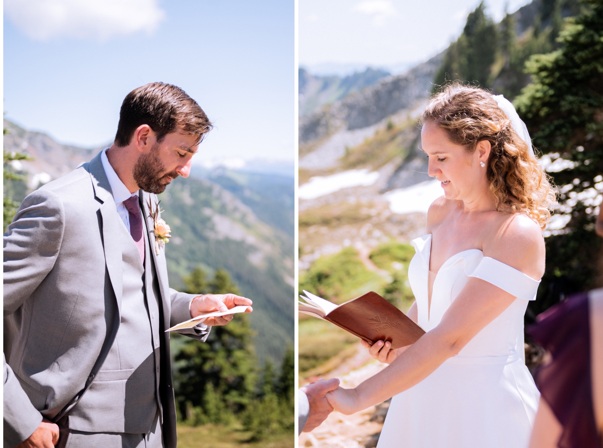 bride and groom reading vows to each other on top of mt rainier