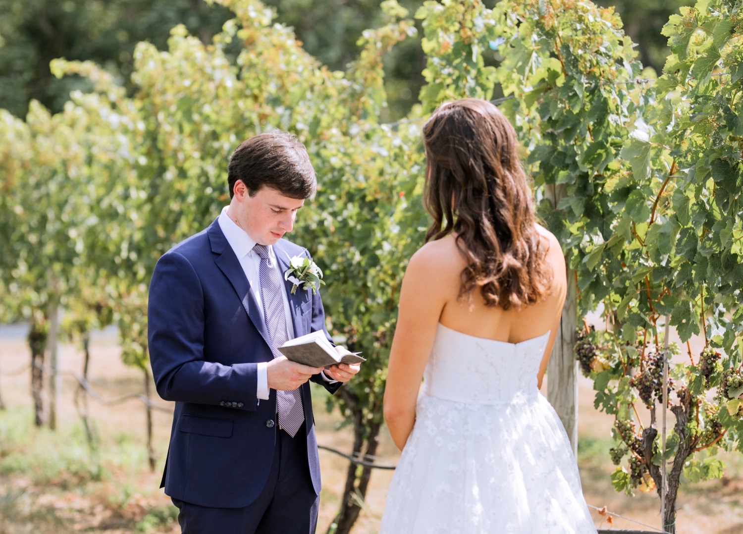 groom reading his vows to his bride in the vineyard before their wedding ceremony