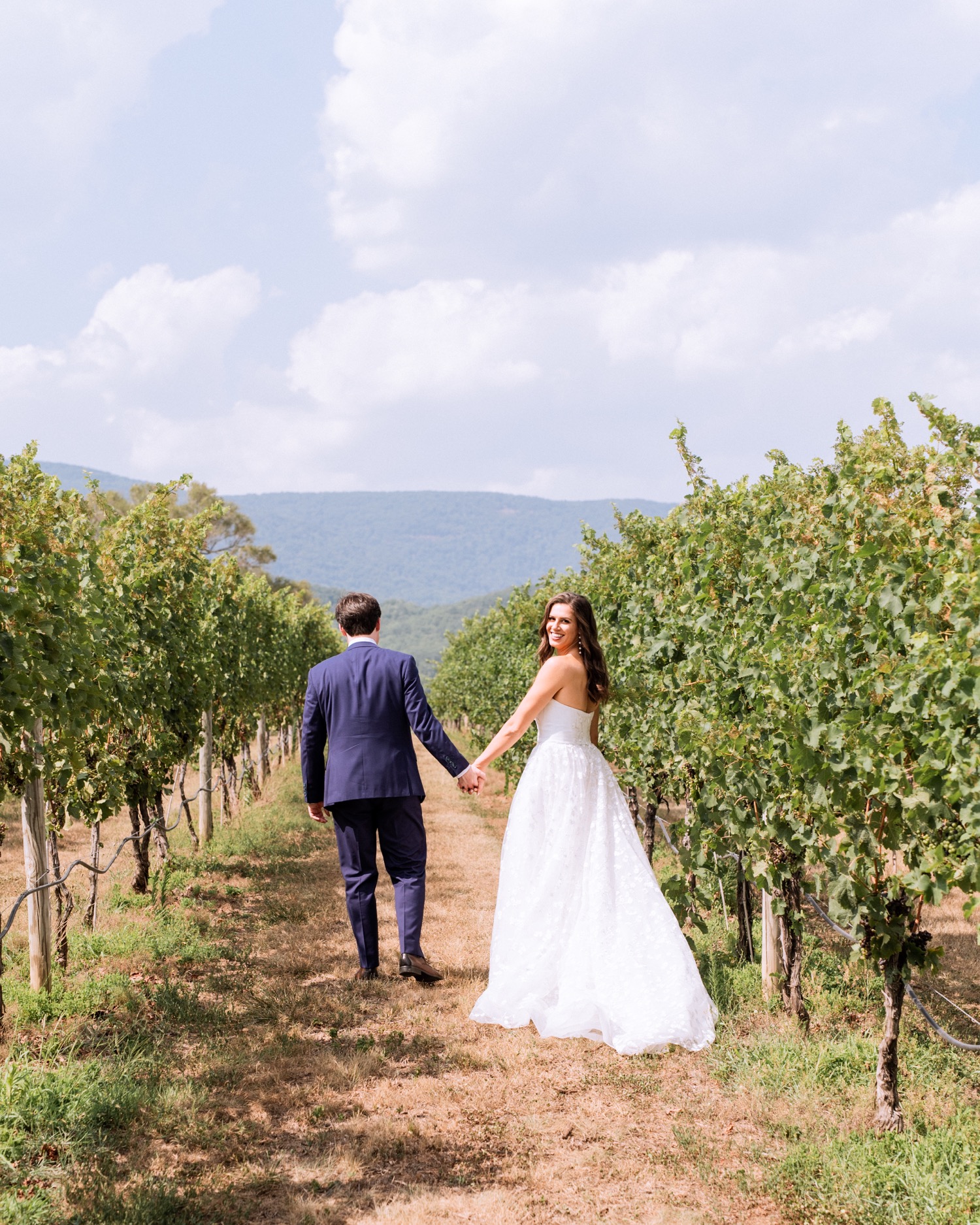 bride and groom walking through the vineyard during their charlottesville wedding day
