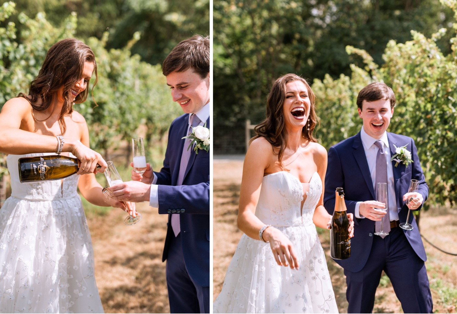 bride and groom walking through the vineyard and sharing a glass of champagne during their Charlottesville wedding day 