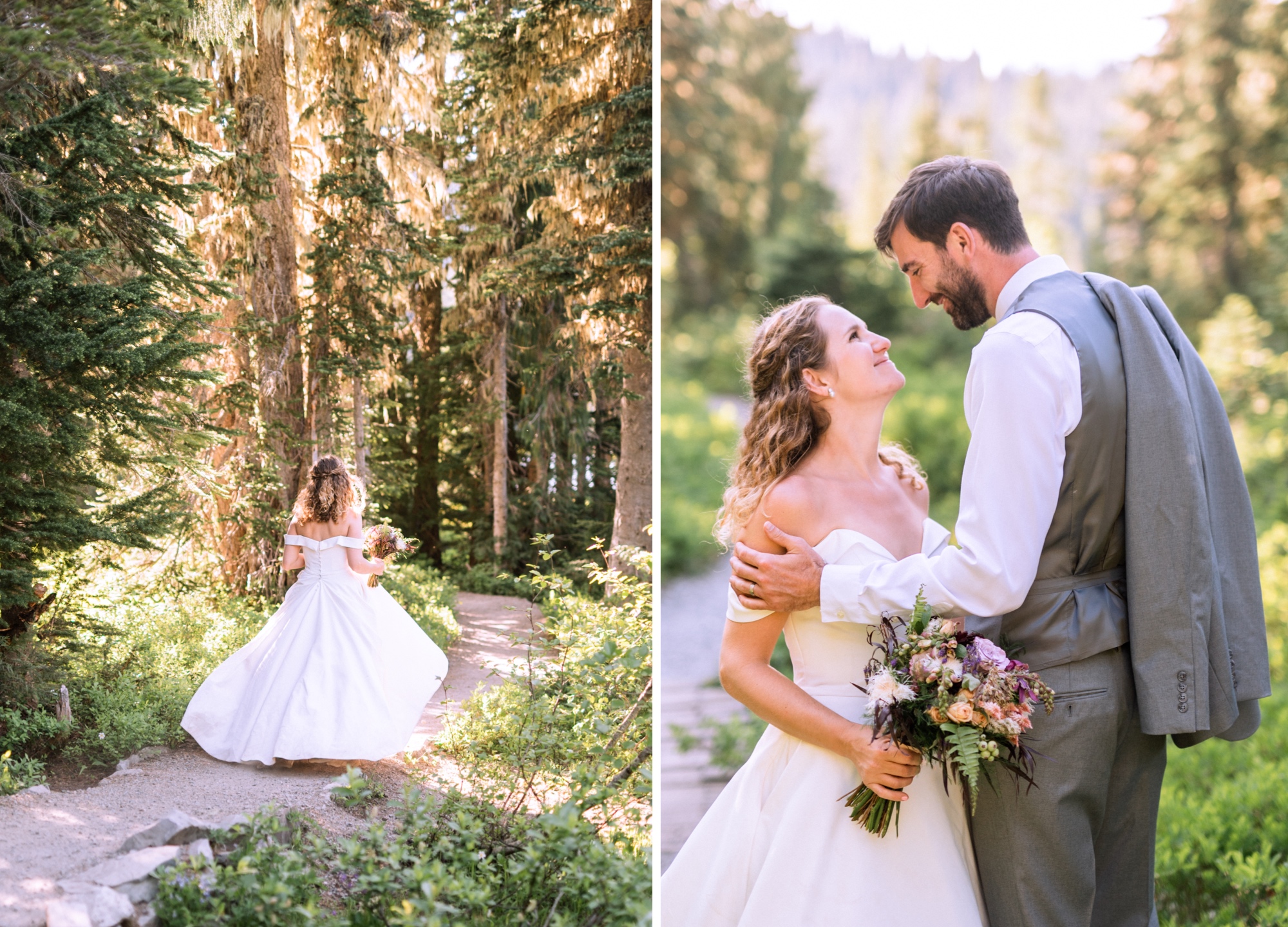 bride and groom walk through the forest inside of mt rainier national park