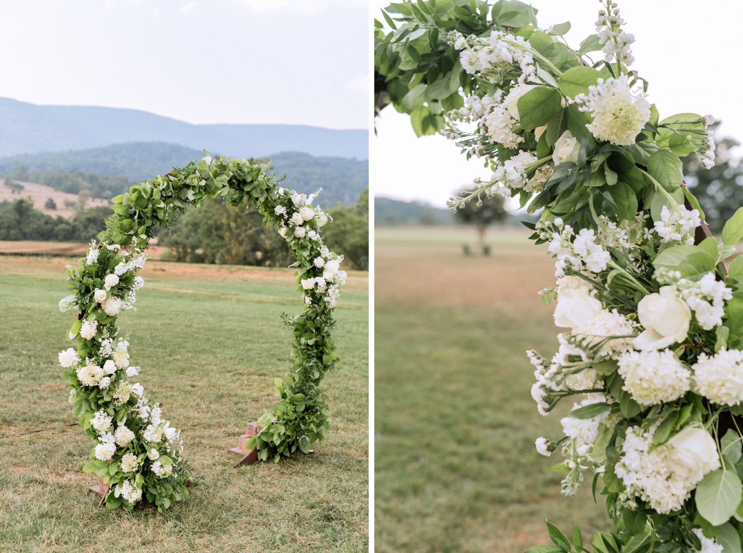 white arch floral arrangement at the Charlottesville wedding 