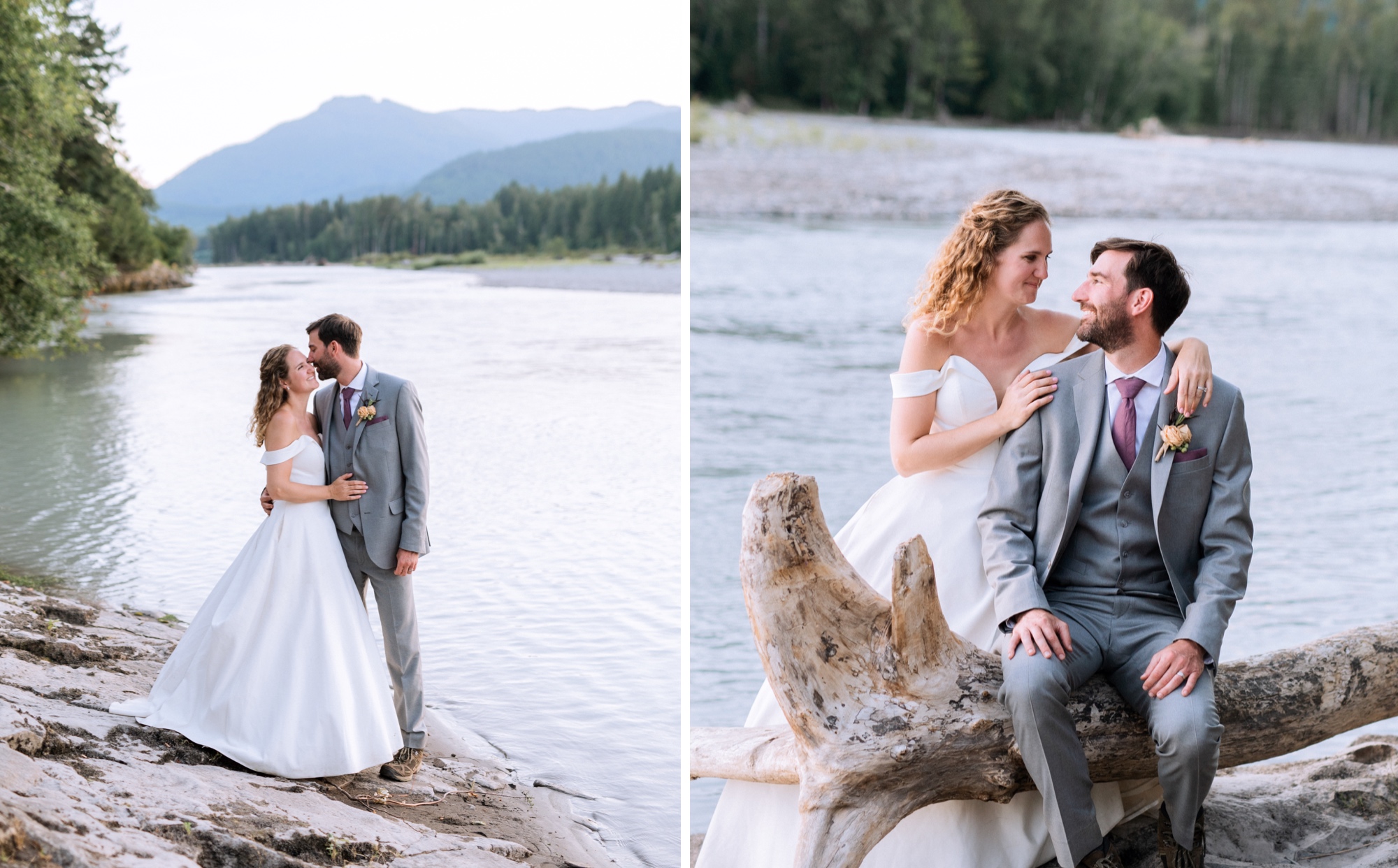 bride and groom hold each other close on riverbank in mt rainier national park