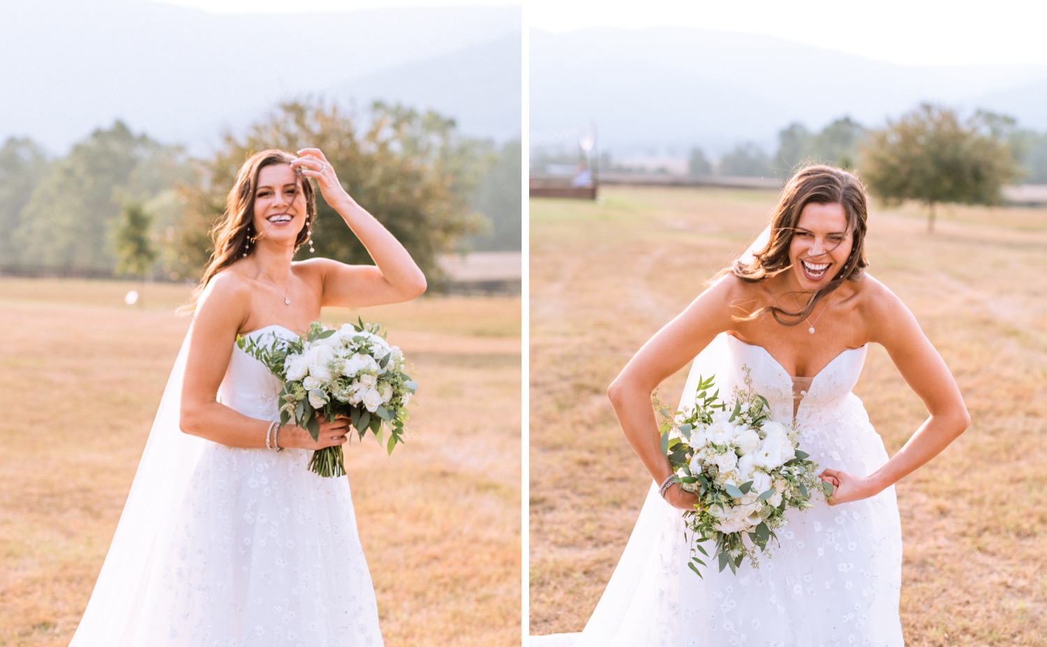 bride with her white floral arrangement acting silly on her wedding day