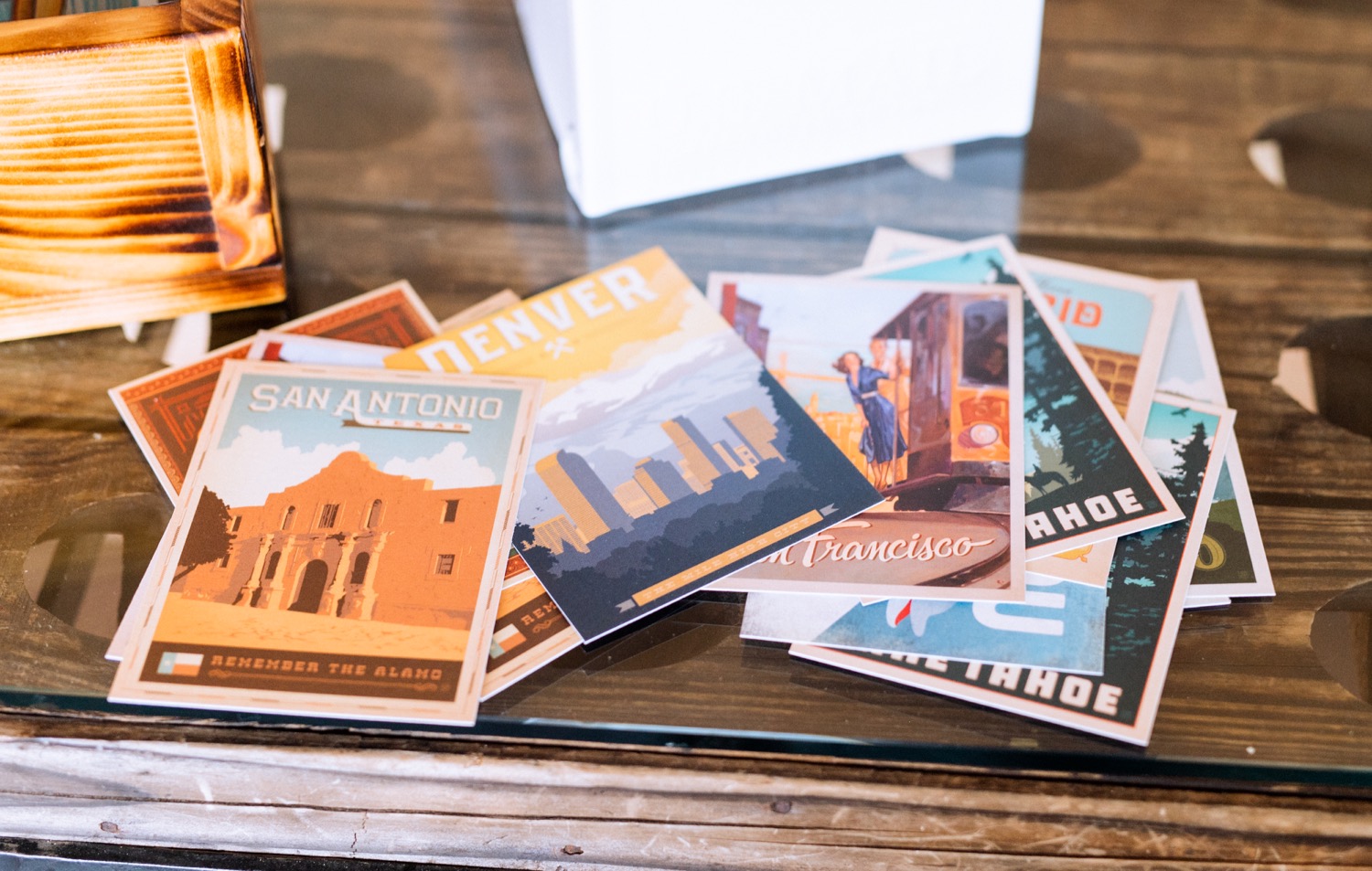 postcards displayed on one of the welcome tables during a Charlottesville wedding