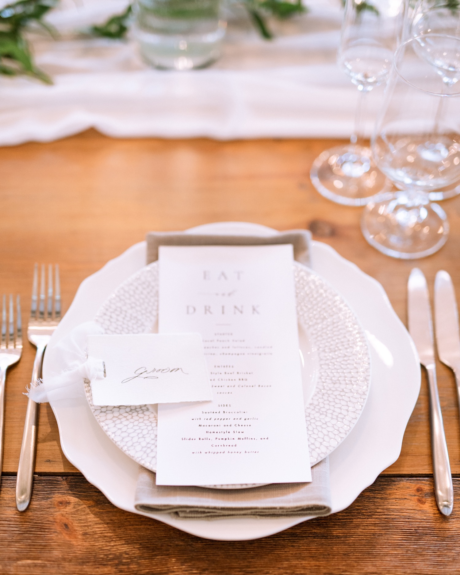 elegant table setting at the King Family Vineyard venue for the Charlottesville wedding reception 
