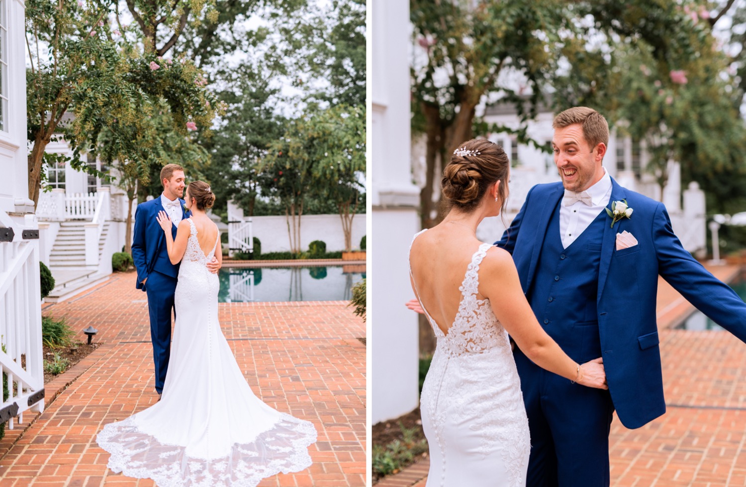bride and groom share an intimate first look together before their wedding ceremony