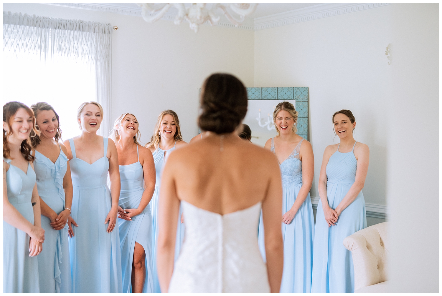Blue bridesmaid dresses, bride getting ready first look