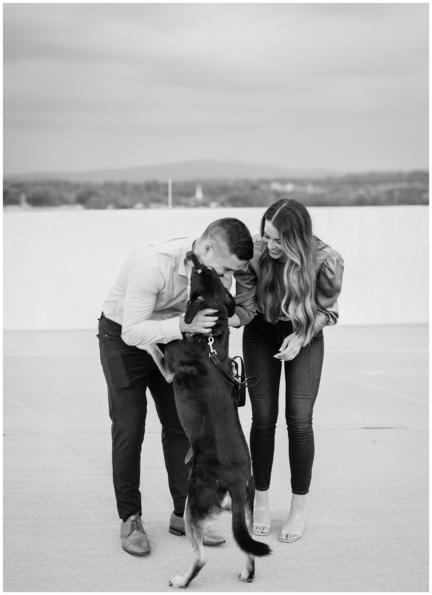 engagement couple with dog in Harrisonburg