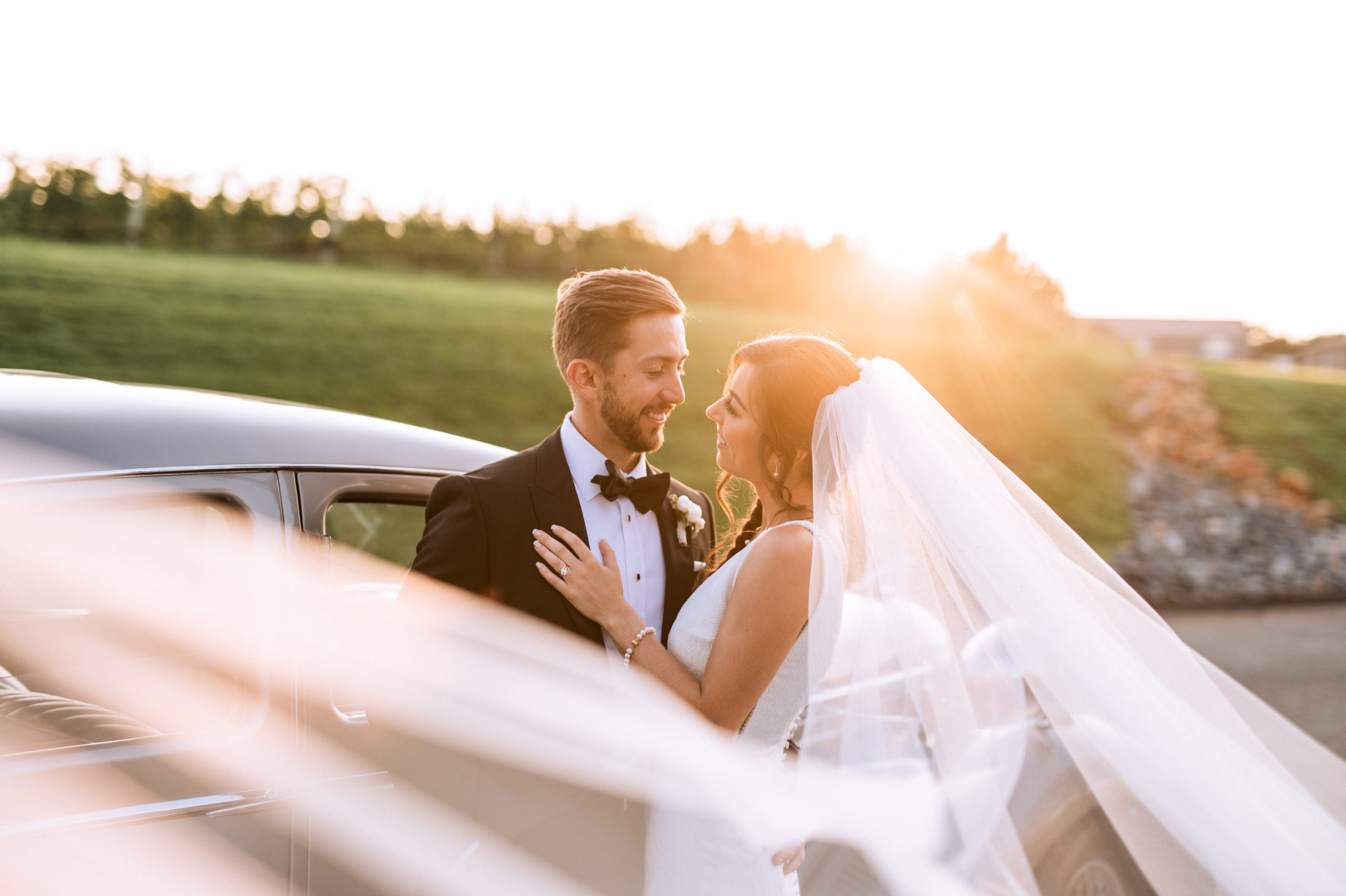 Bride and Groom portraits with vintage car at Early Mountain Vineyard Wedding 