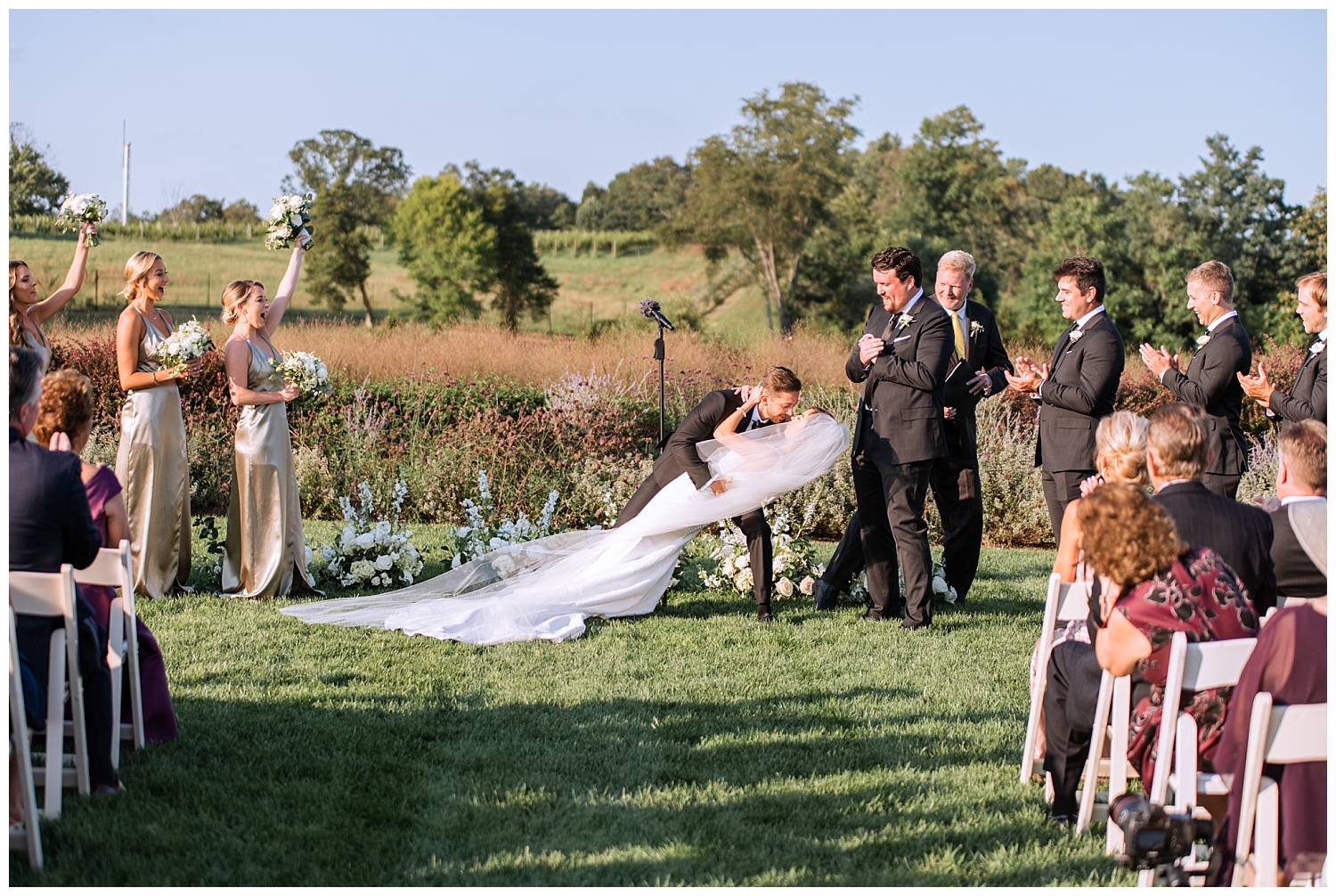 First kiss at ceremony at Early Mountain Vineyard Wedding