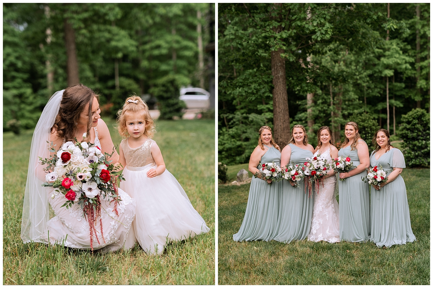 Bride with Bridesmaids and Flower Girl at Ashton Creek Vineyard wedding