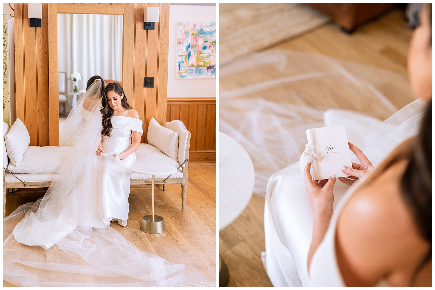 bride reading personal note on wedding day