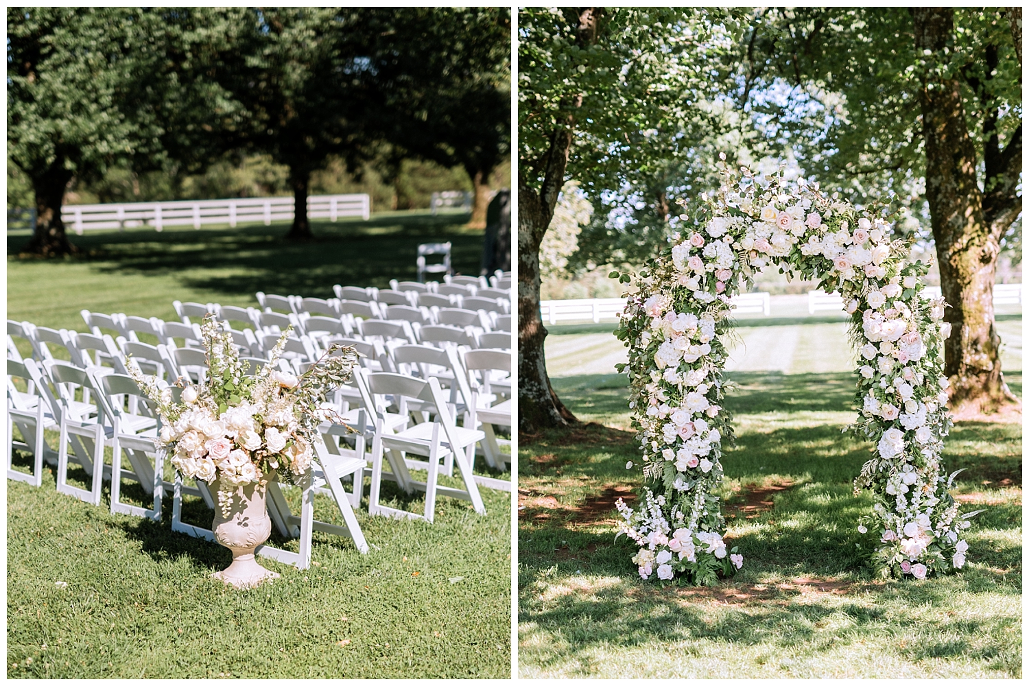 Ceremony details and floral arch for wedding at Castle Hill Cidery