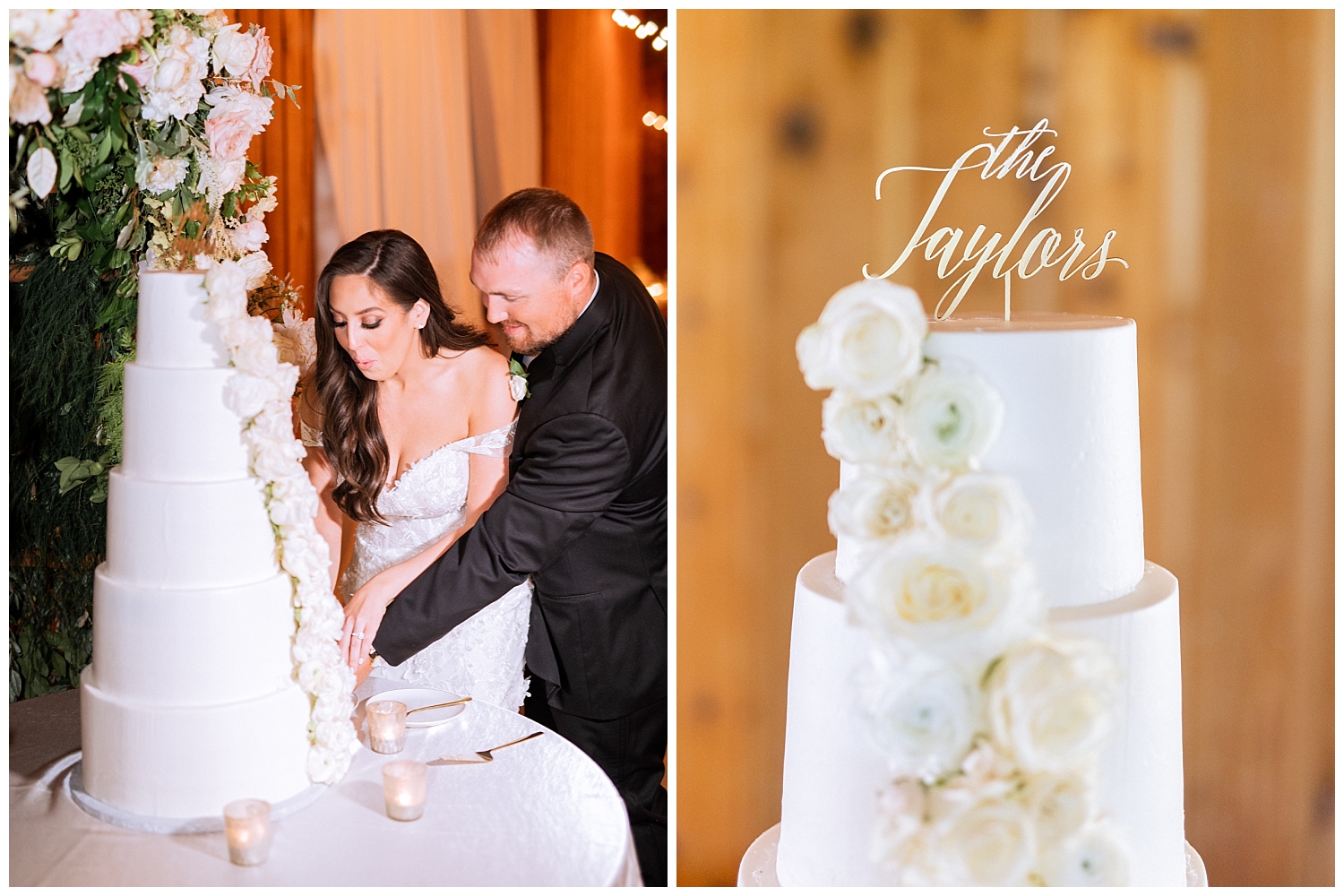 Bride & Groom cut five tier white wedding cake at Castle Hill Cidery Wedding in Keswick, Virginia