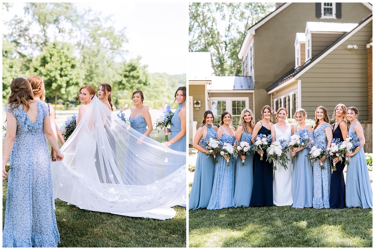 Bride with bridesmaids in mixed blue dresses at Fleetwood Farm Winery wedding in Leesburg, Virginia