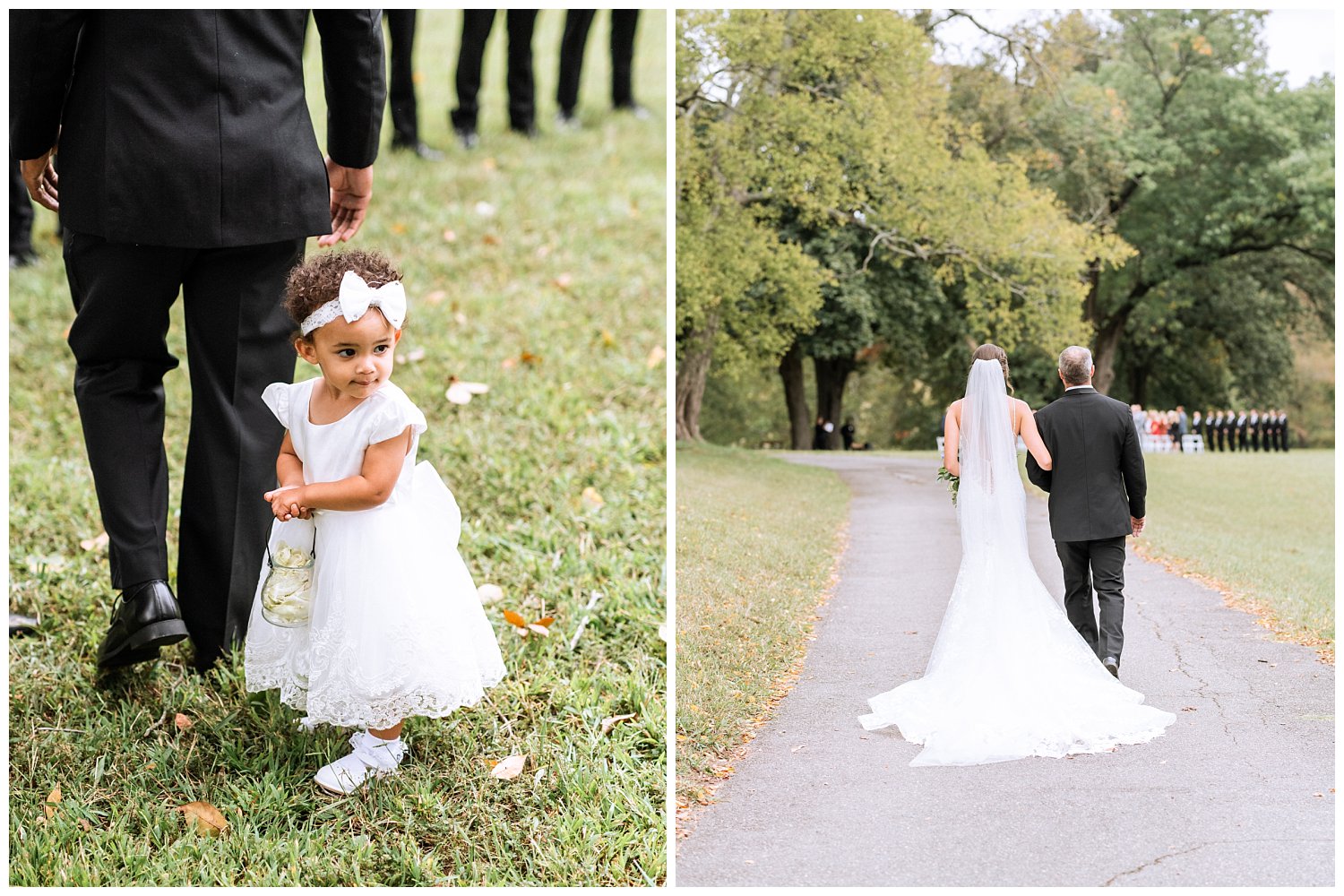 Flower girl and bride walking down the aisle at Westover & Maymont Gardens wedding