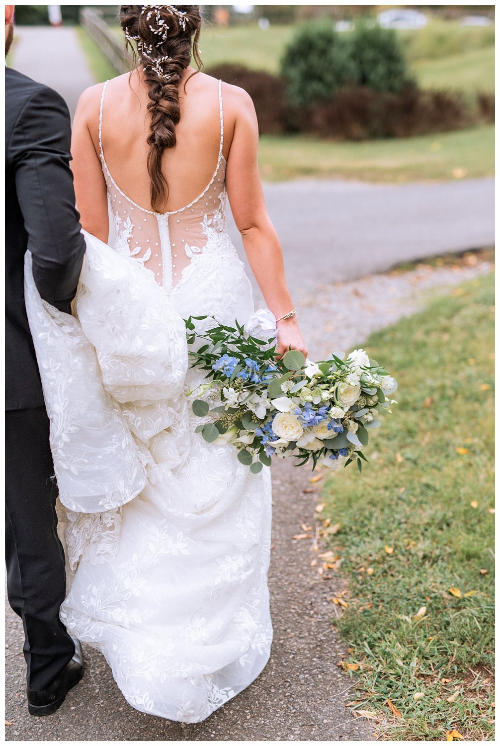 Bride & Groom portraits at Westover & Maymont Gardens wedding with blue and white bridal bouquet