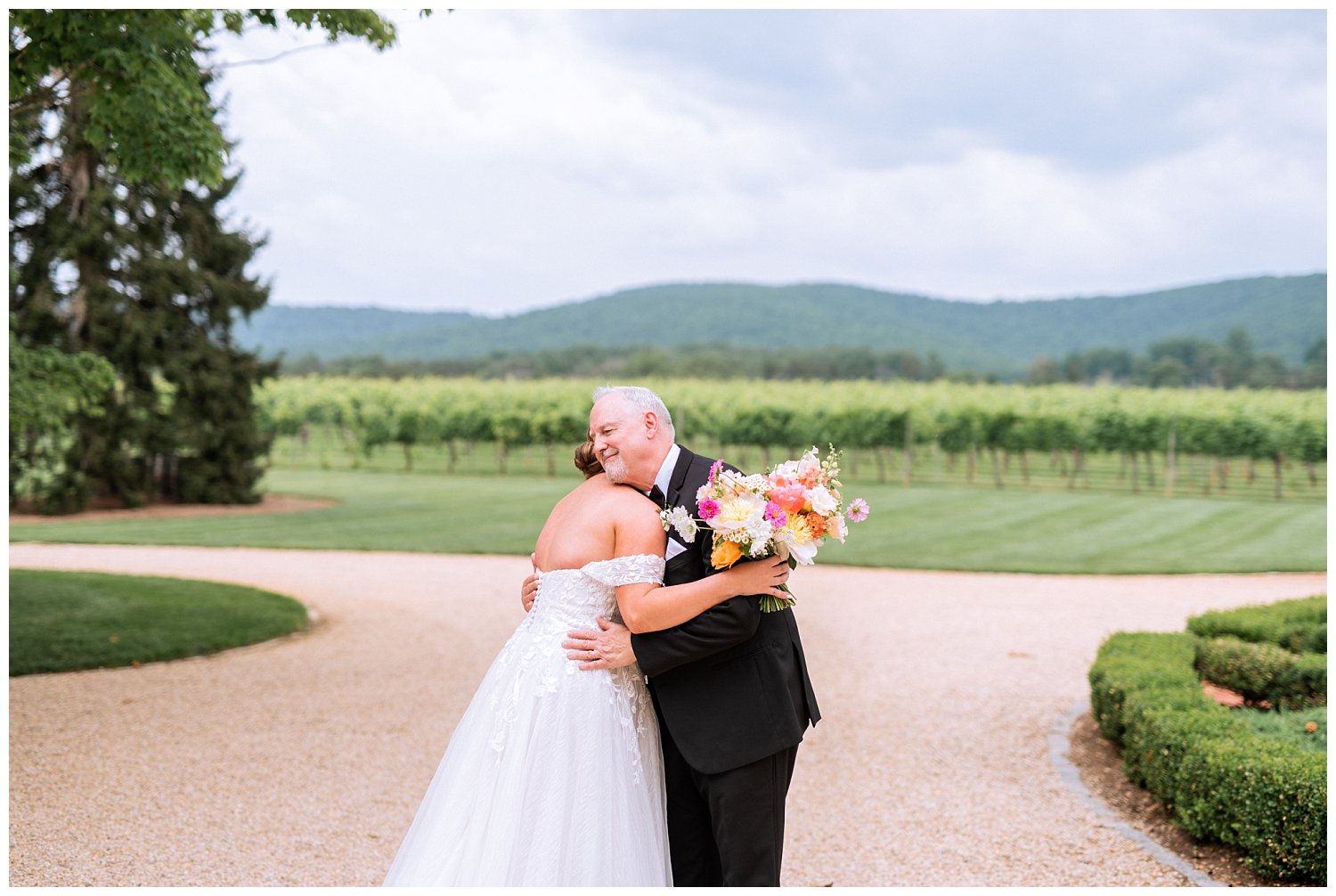 First look between bride and her father for this Virginia vineyard wedding