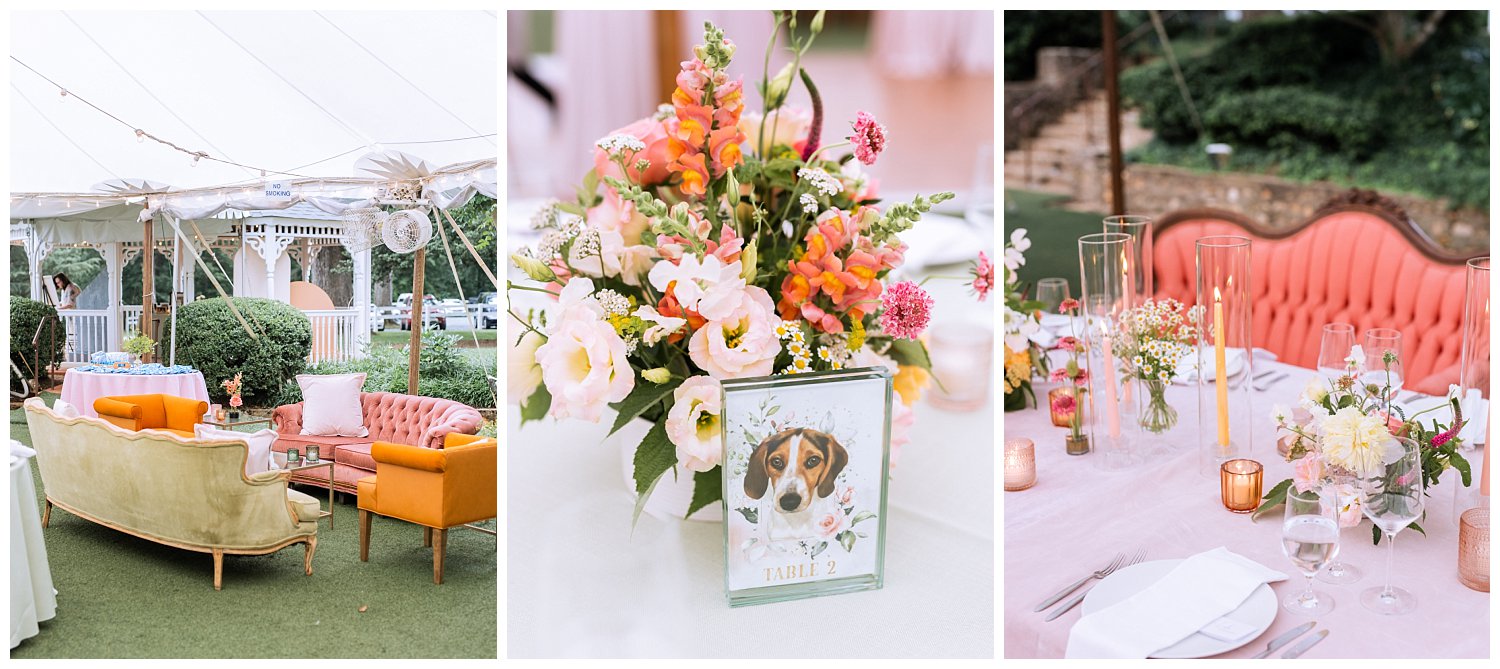 Reception details at a colorful summer wedding in Charlottesville, Virginia